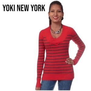 Yoki New York RED RIBBED STRIPED SWEATER Fitted Stretch Y2K Medium EUC
